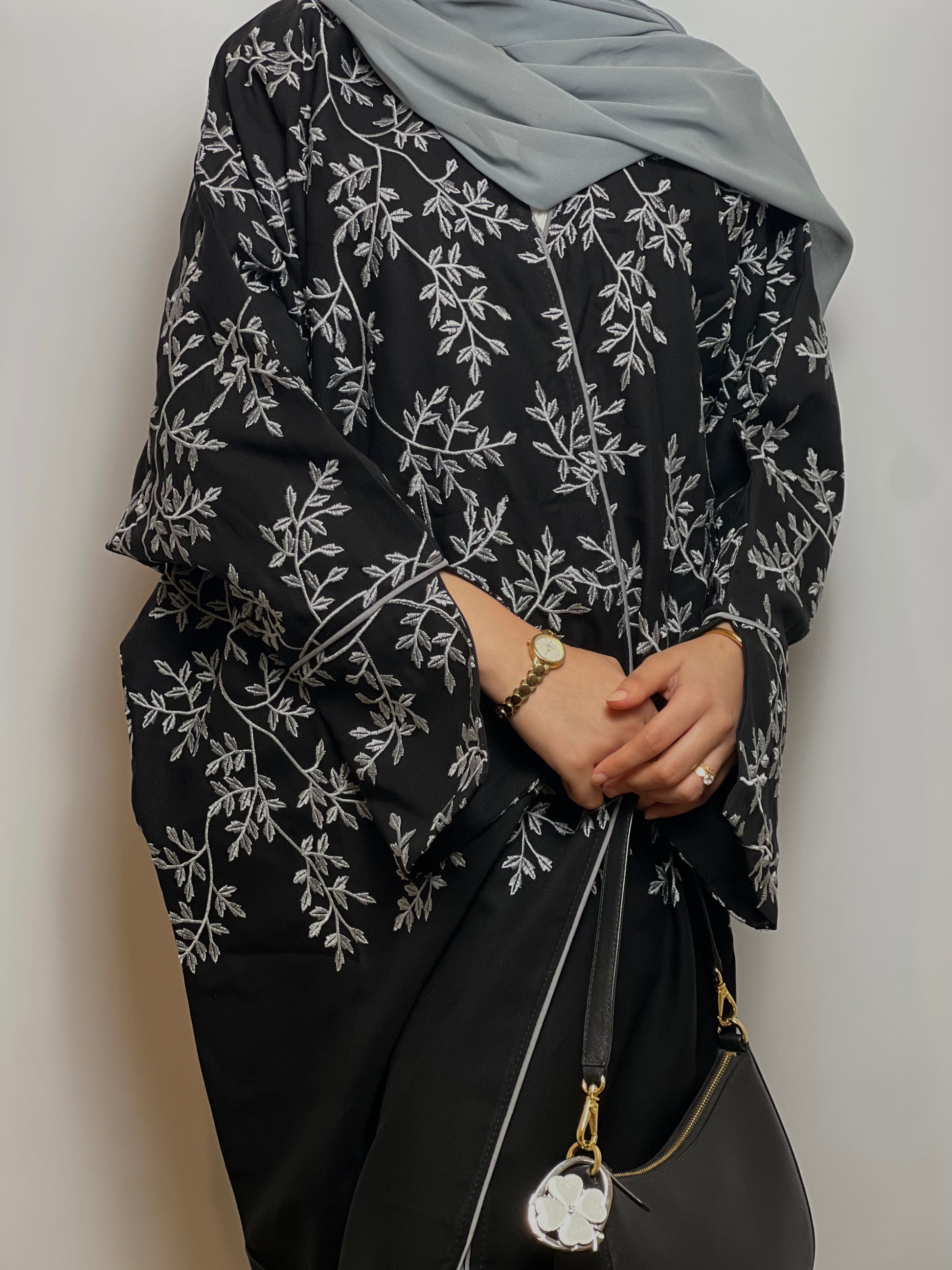 Embroidered Noir Abaya with Soft Chiffon scarf