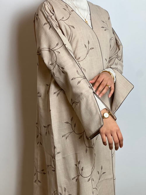 Beige Linen Abaya with Vein Threadwork