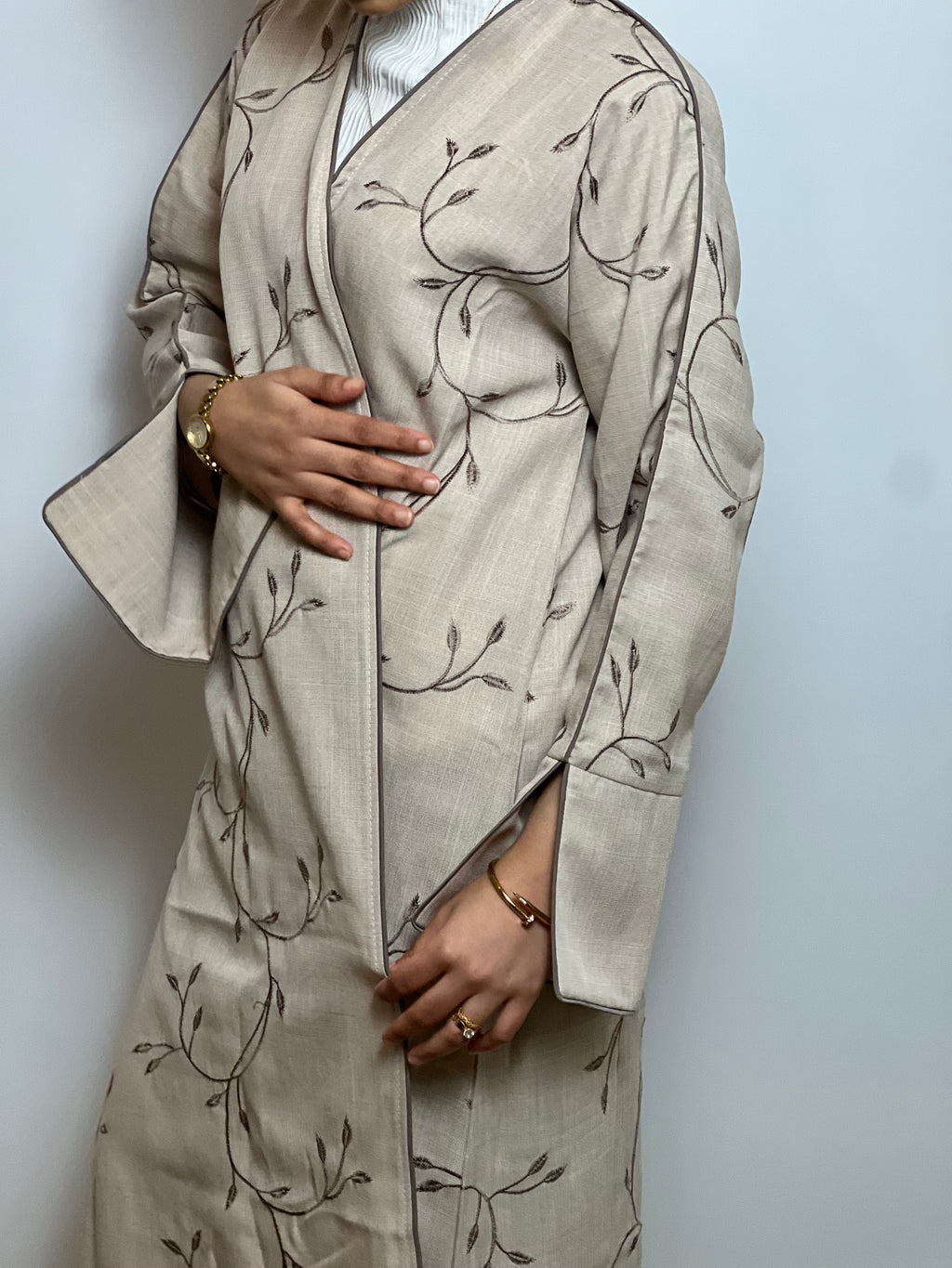 Beige Linen Abaya with Vein Threadwork