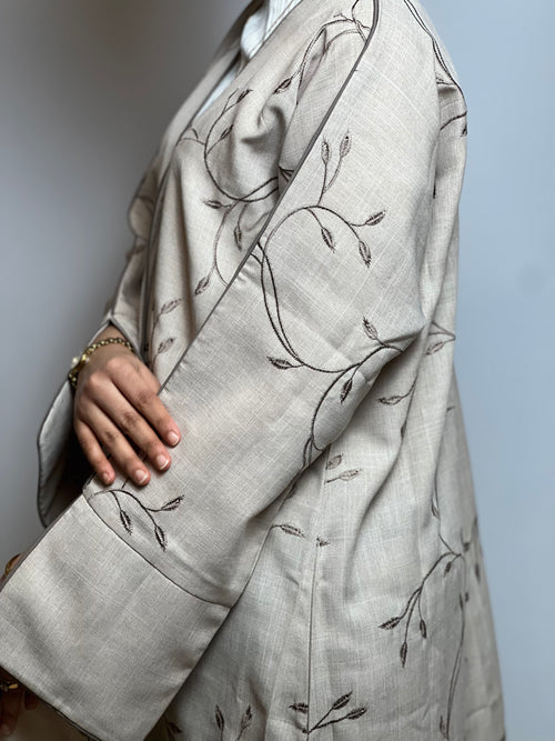 Beige Linen Abaya with Vein Threadwork