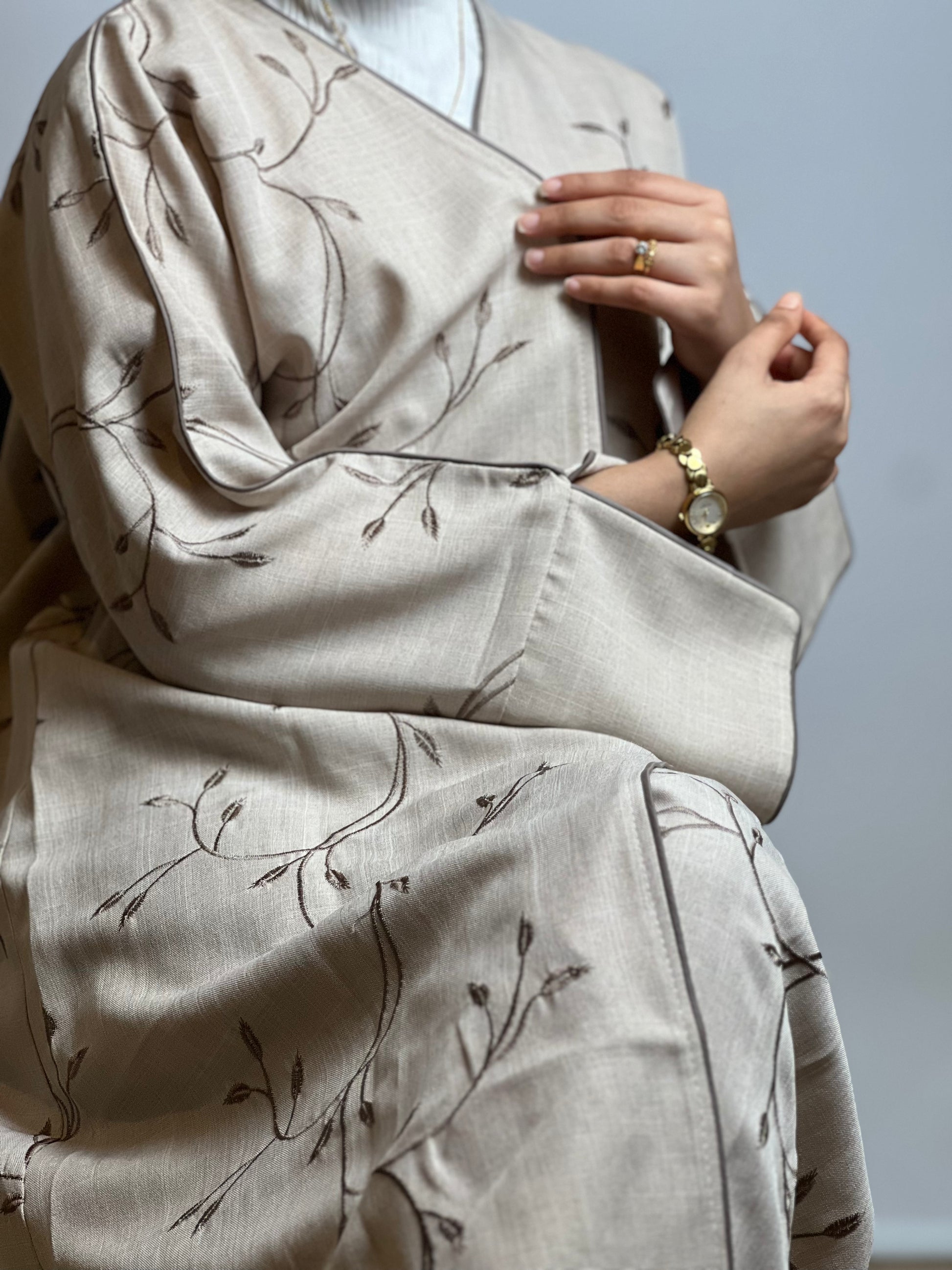 Beige Linen Abaya with Vein Threadwork