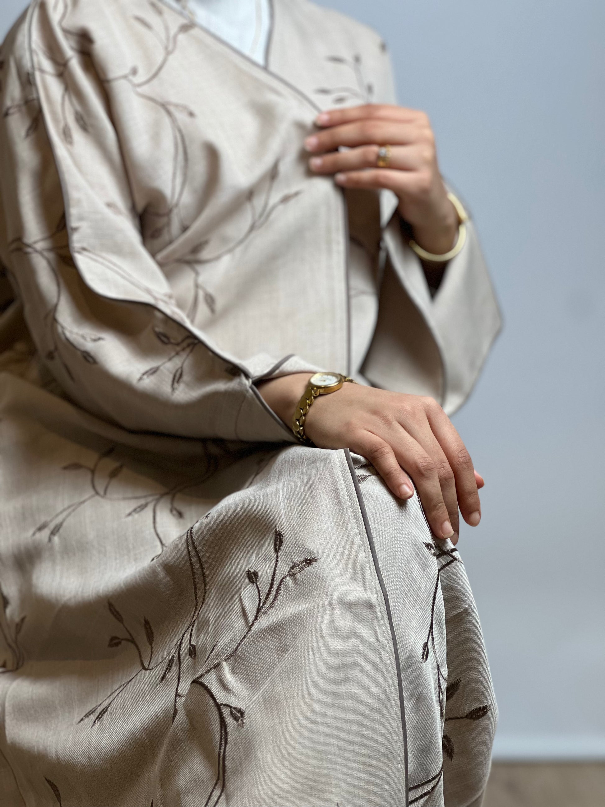 Beige Linen Abaya with Vein Threadwork
