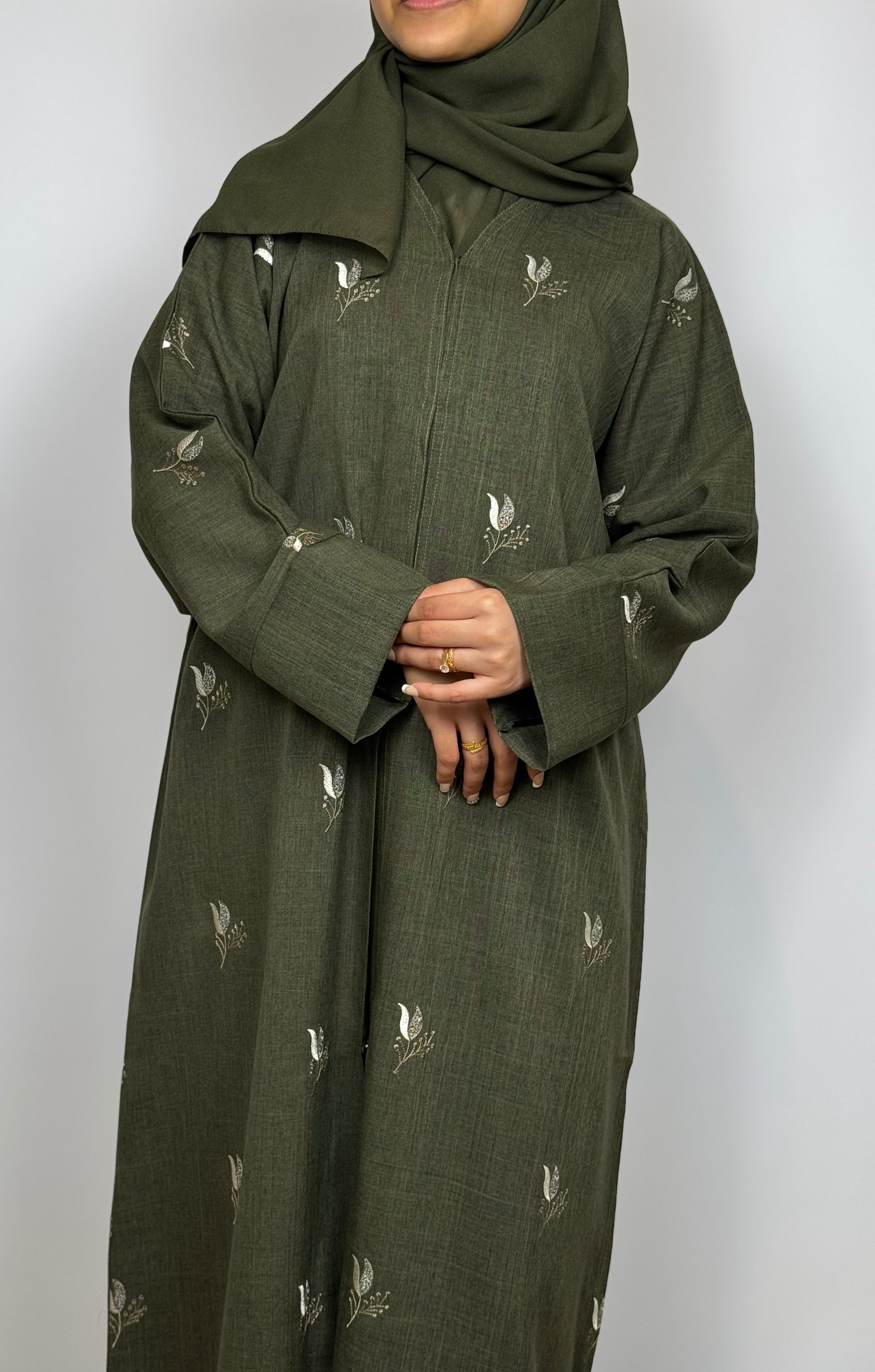 Olive Abaya with Delicate Threadwork Blooms