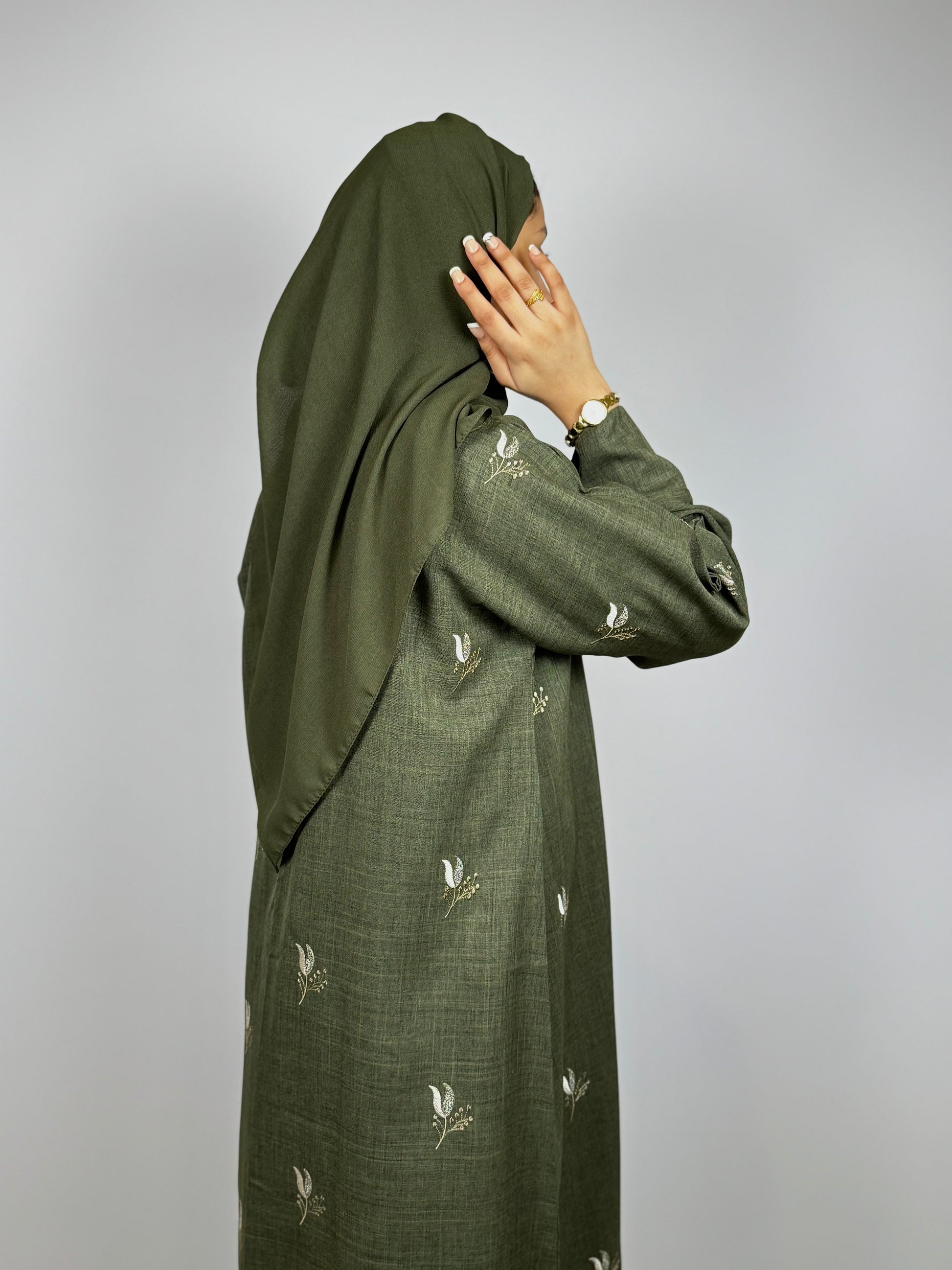 Olive Abaya with Delicate Threadwork Blooms
