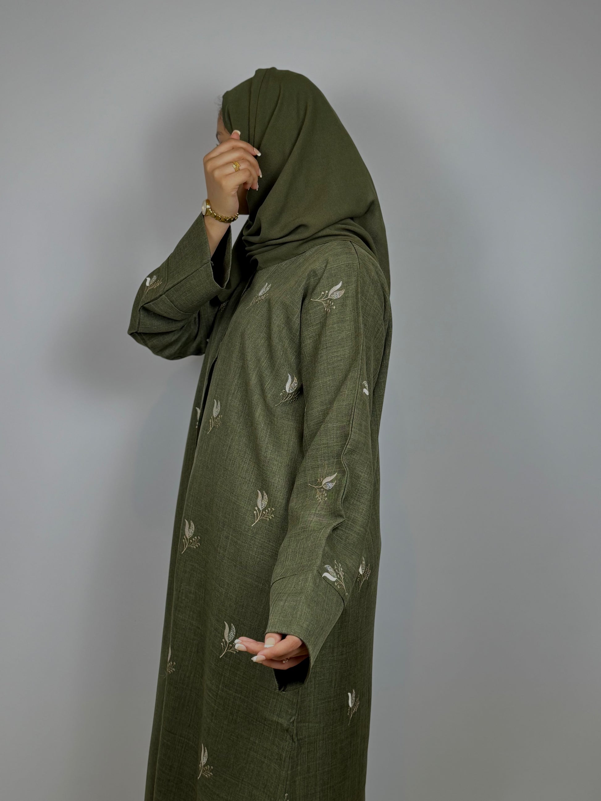 Olive Abaya with Delicate Threadwork Blooms