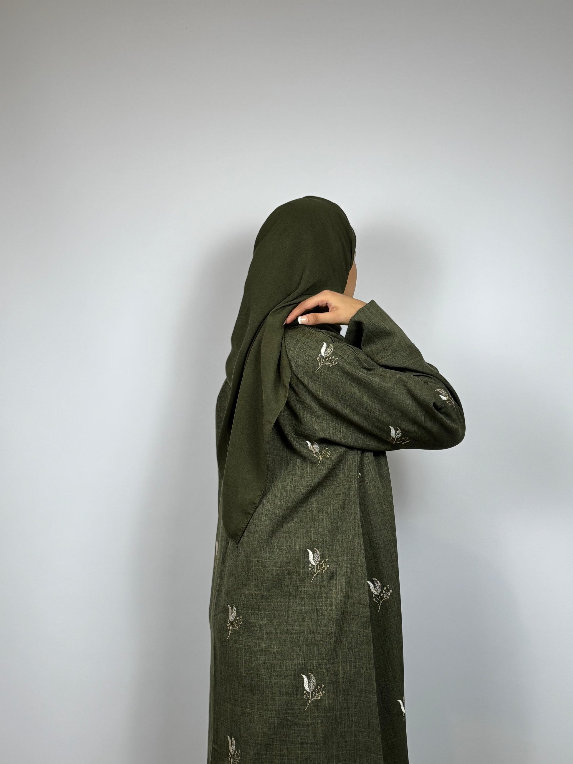Olive Abaya with Delicate Threadwork Blooms