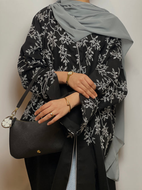 Embroidered Noir Abaya with Soft Chiffon scarf