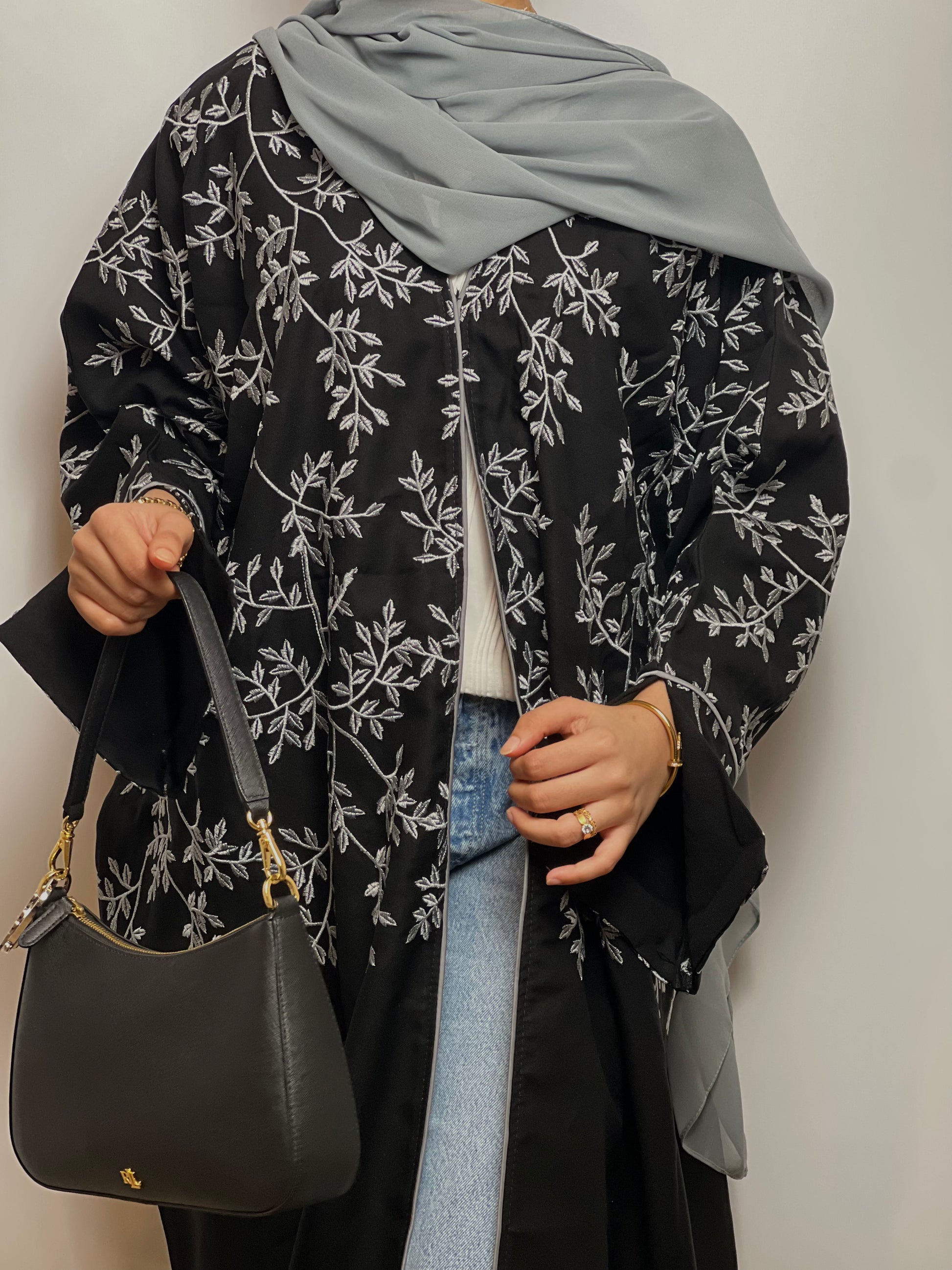 Embroidered Noir Abaya with Soft Chiffon scarf