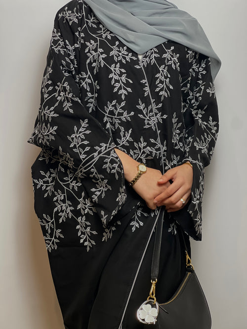 Embroidered Noir Abaya with Soft Chiffon scarf