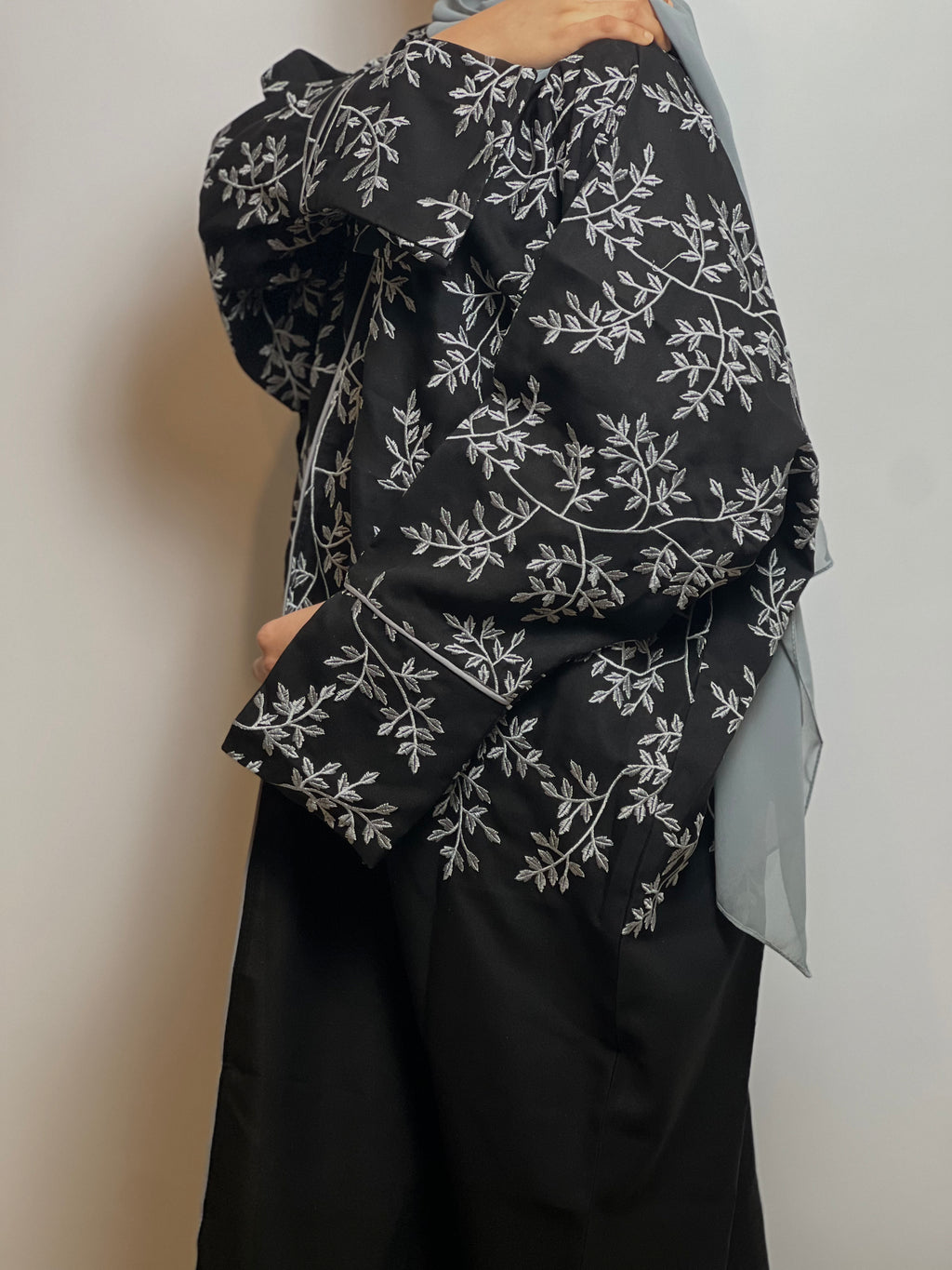 Embroidered Noir Abaya with Soft Chiffon scarf