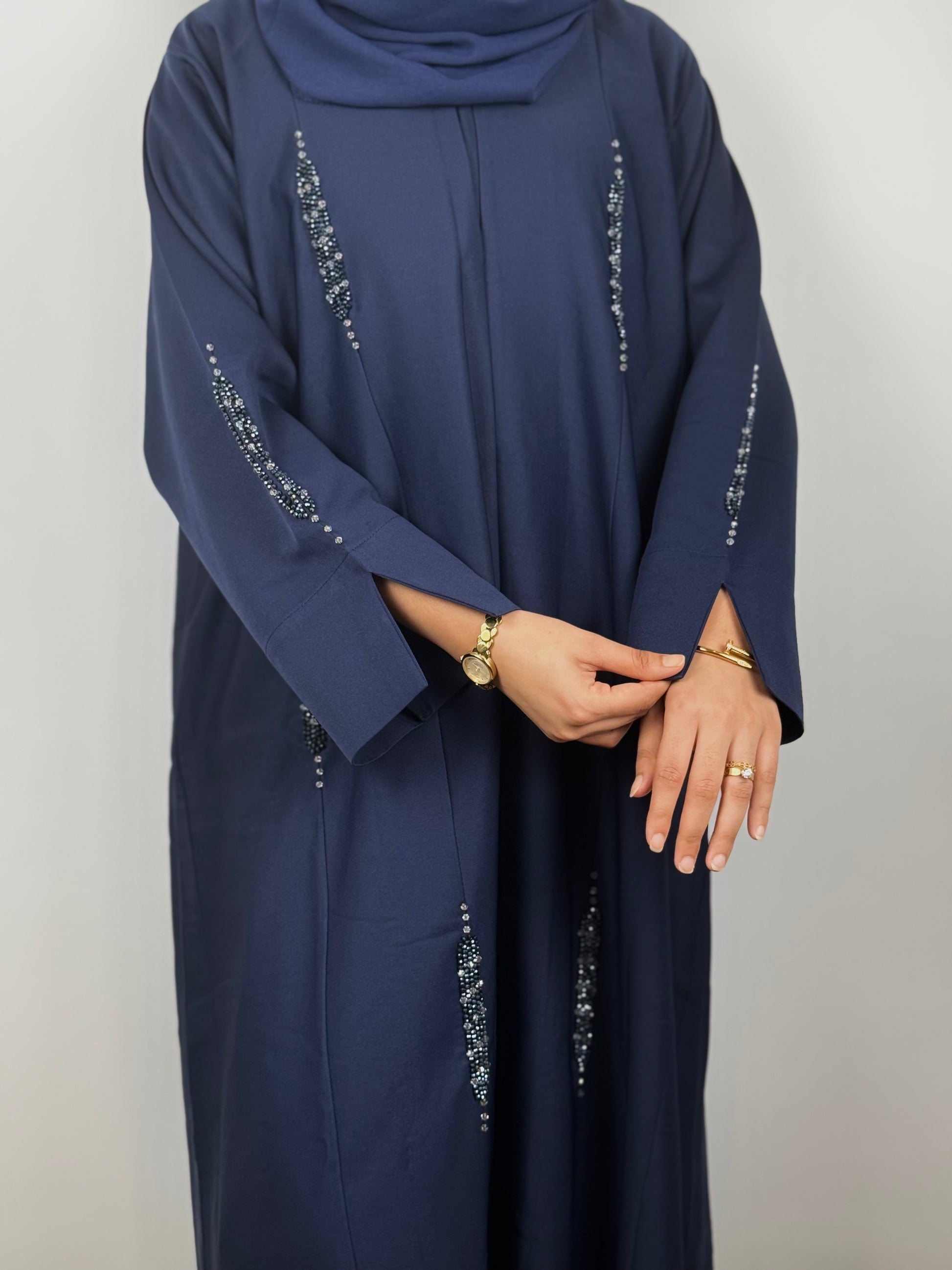 Navy Crepe Abaya with Crystal Traces