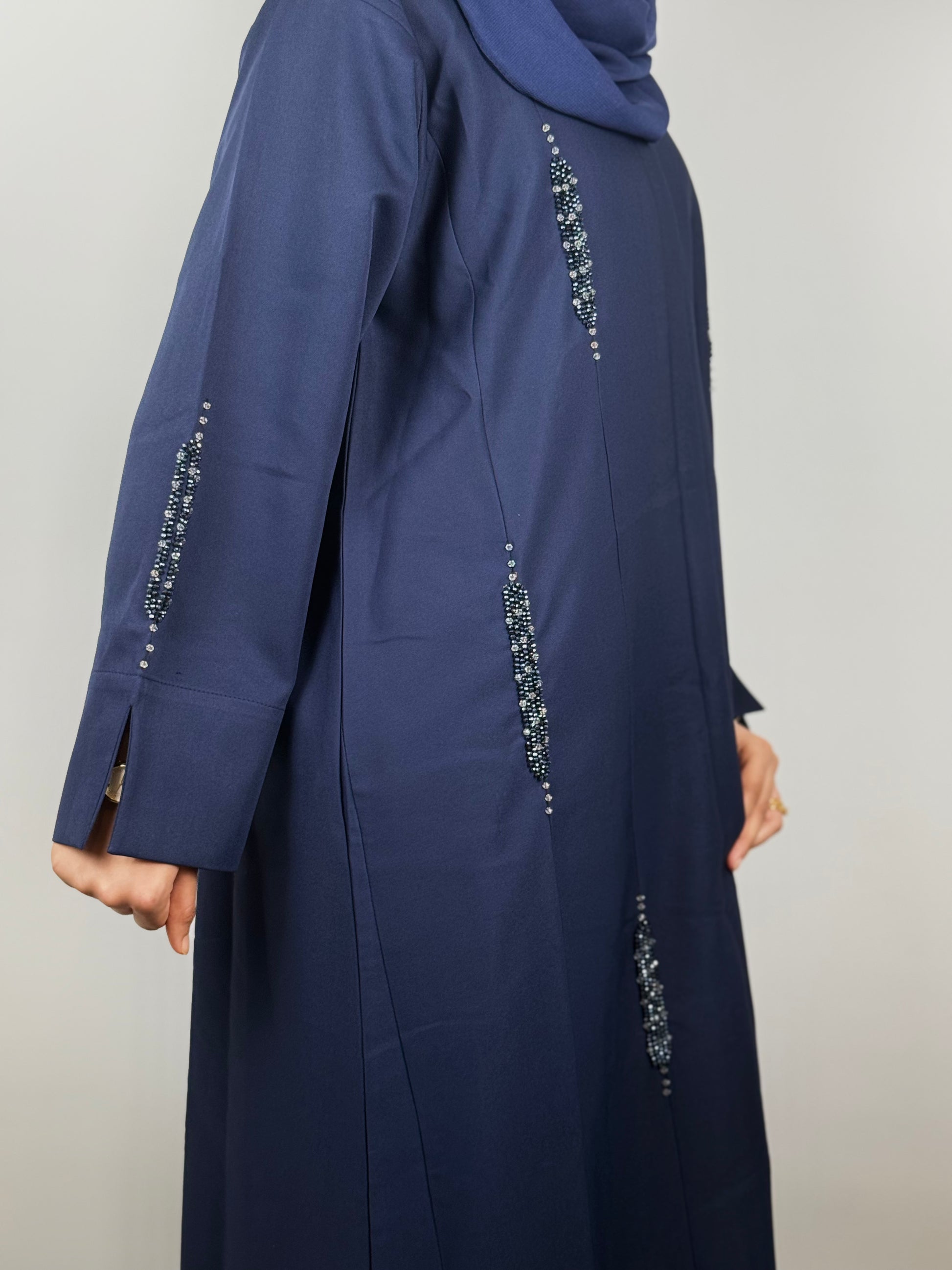 Navy Crepe Abaya with Crystal Traces