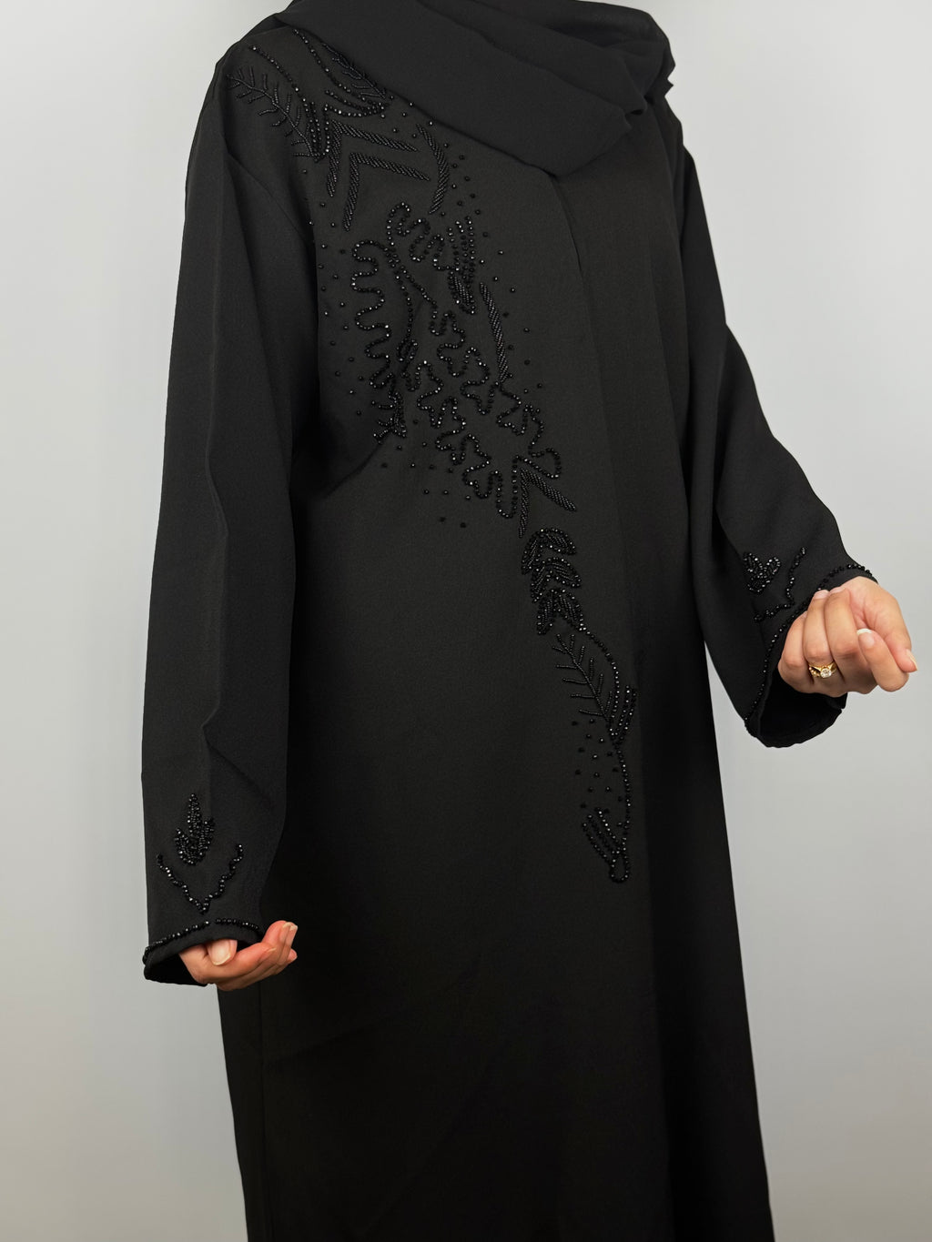 Midnight Embers Abaya with Full Black Stones