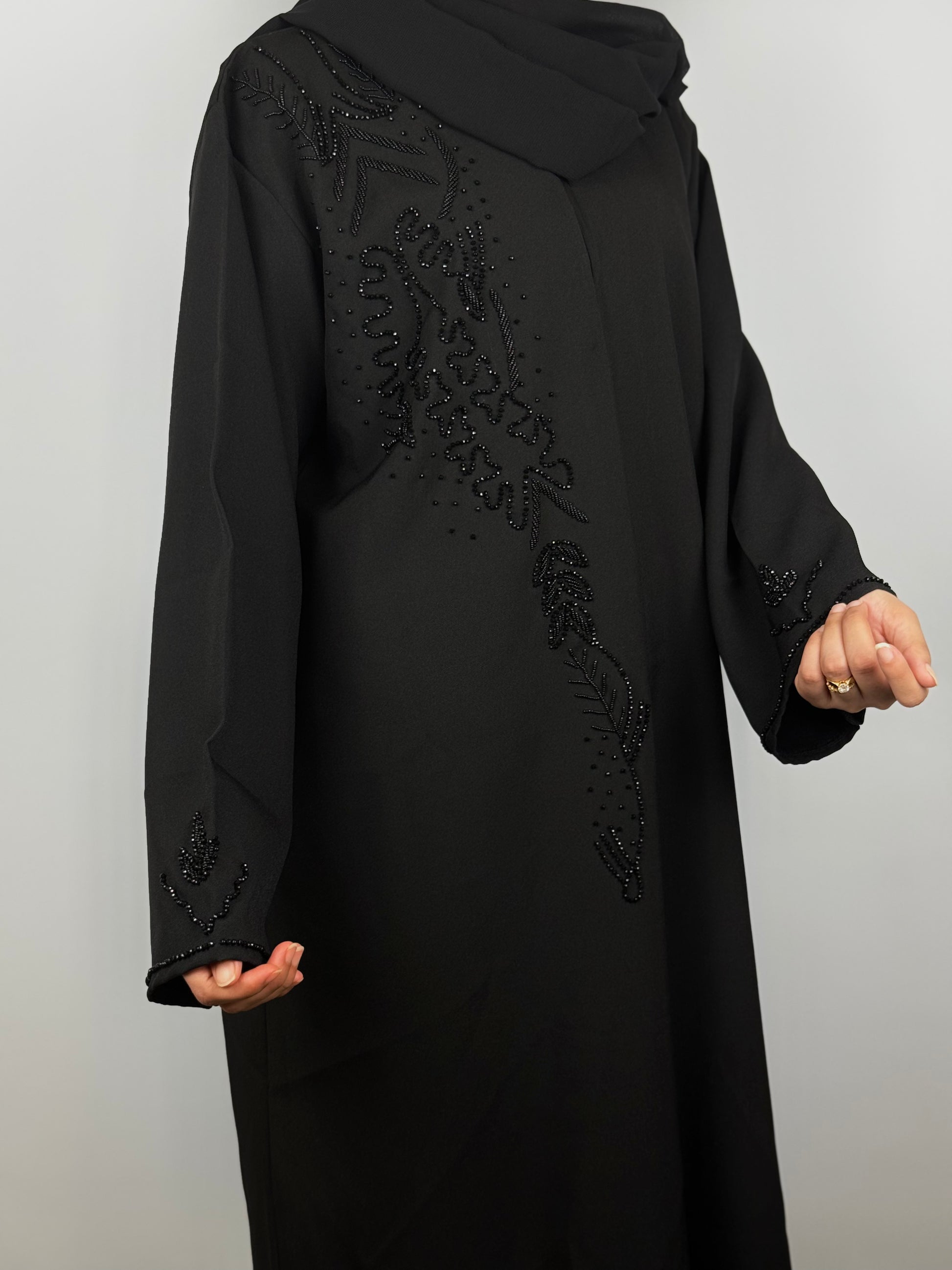 Midnight Embers Abaya with Full Black Stones