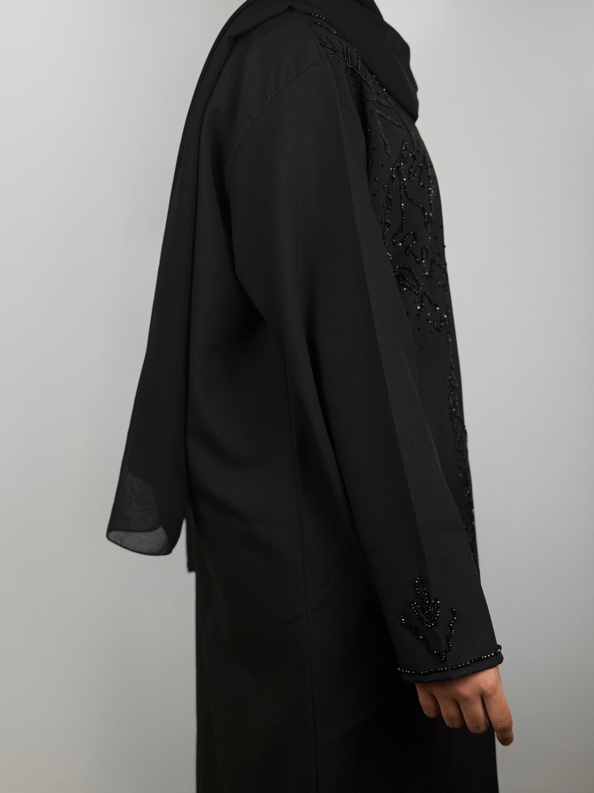 Midnight Embers Abaya with Full Black Stones