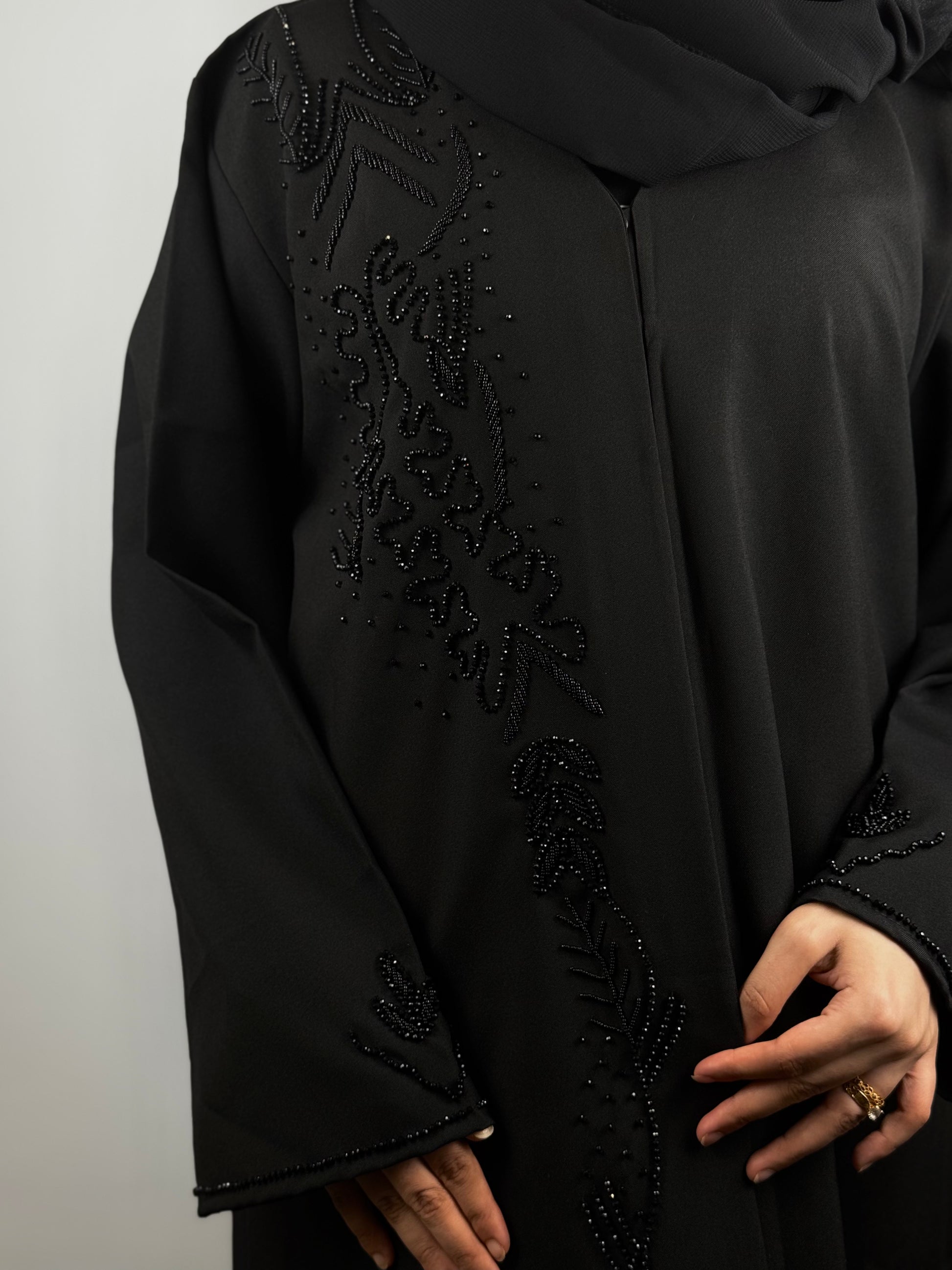 Midnight Embers Abaya with Full Black Stones