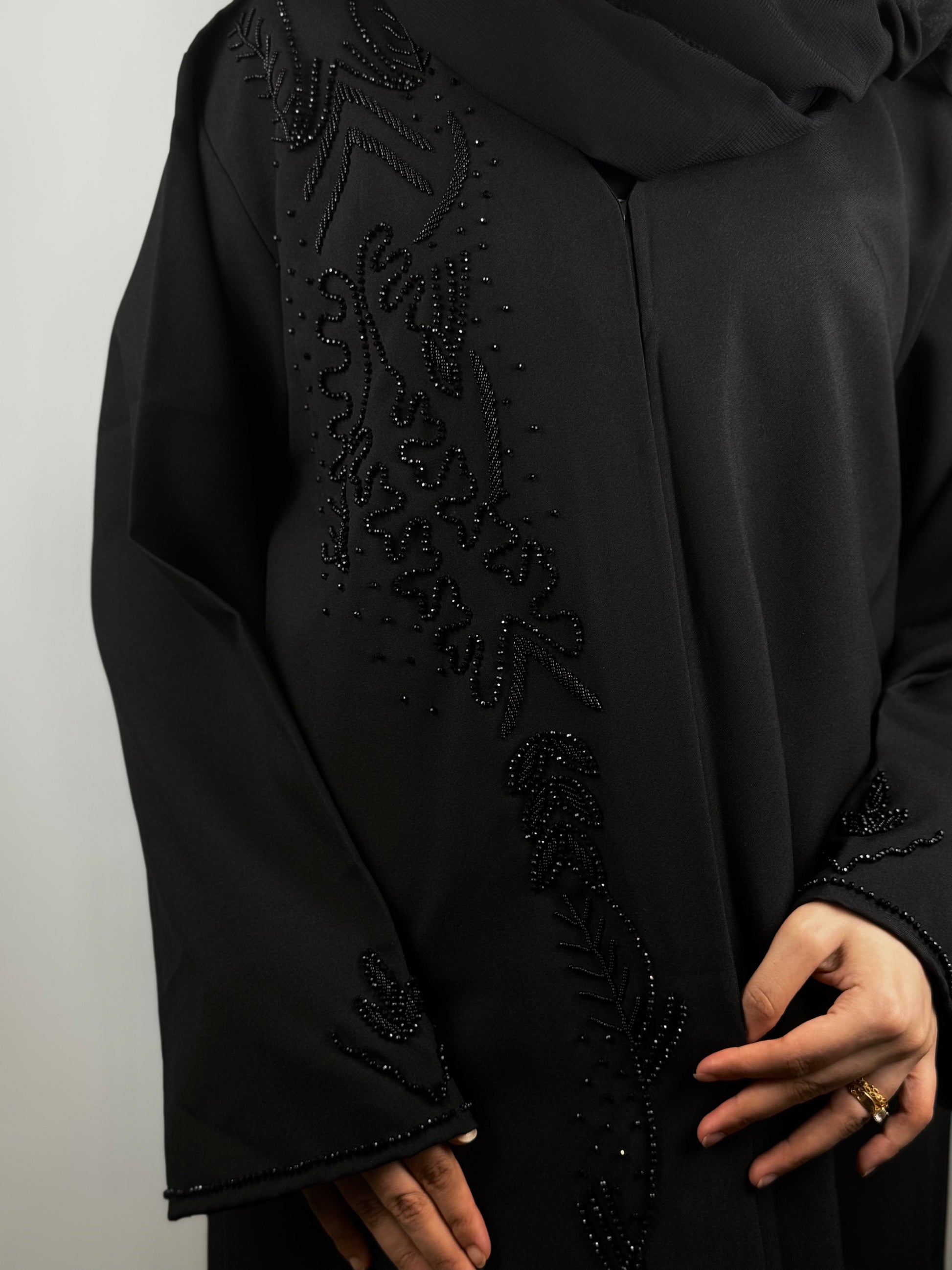 Midnight Embers Abaya with Full Black Stones