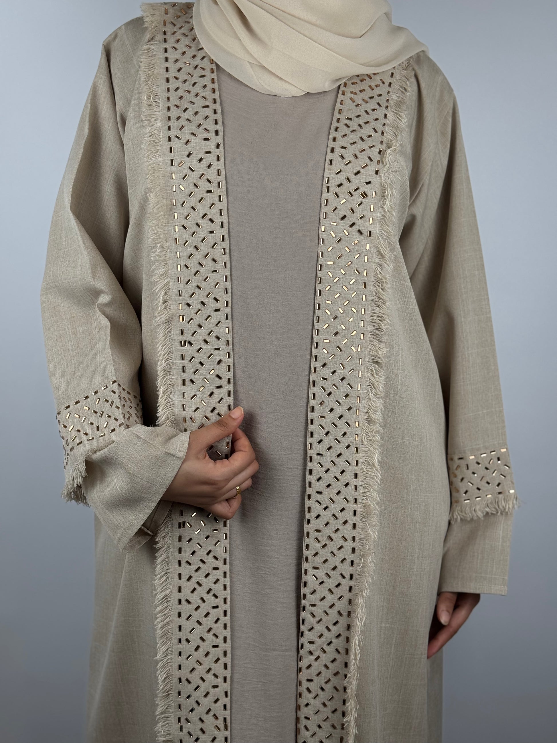 Frayed and Textured Linen Abaya