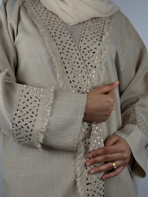 Frayed and Textured Linen Abaya