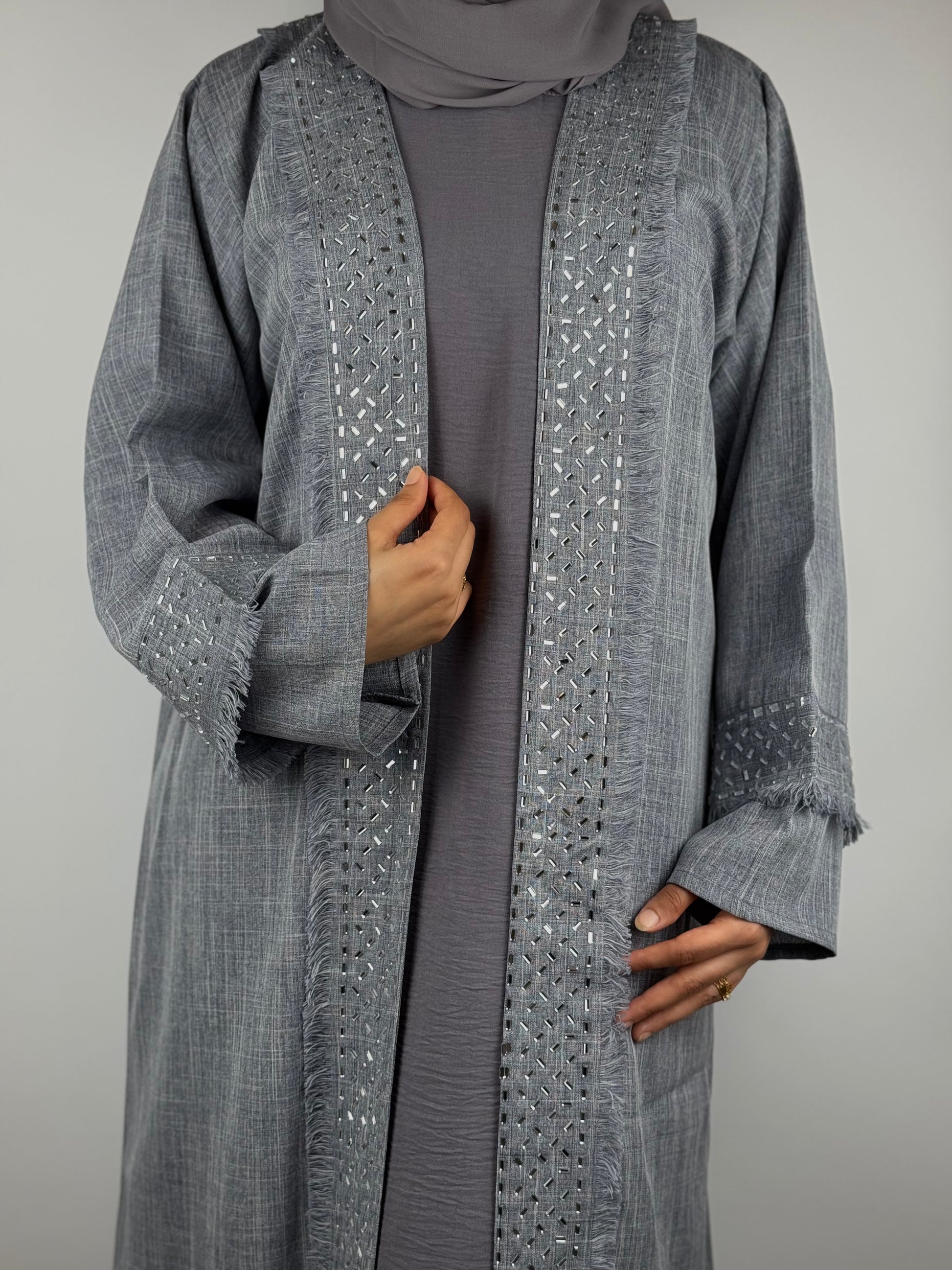 Frayed and Textured Linen Abaya