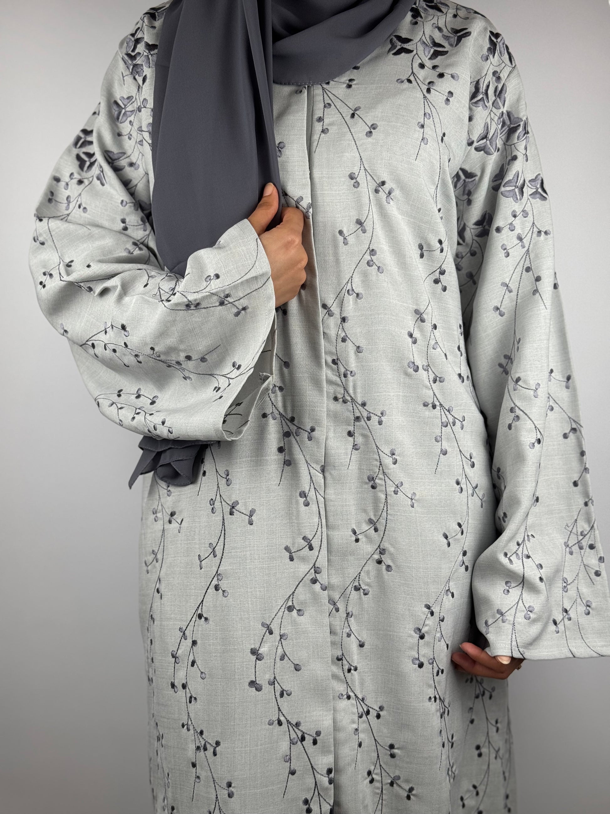 Ivory Mist Abaya with Grey Vine Embroidery