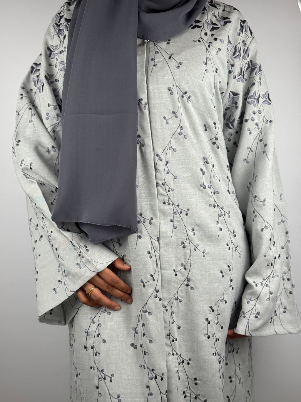 Ivory Mist Abaya with Grey Vine Embroidery