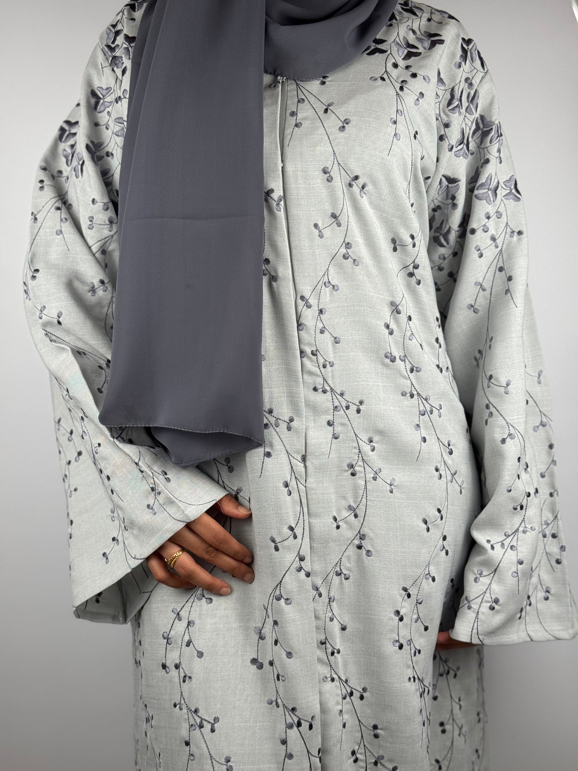 Ivory Mist Abaya with Grey Vine Embroidery