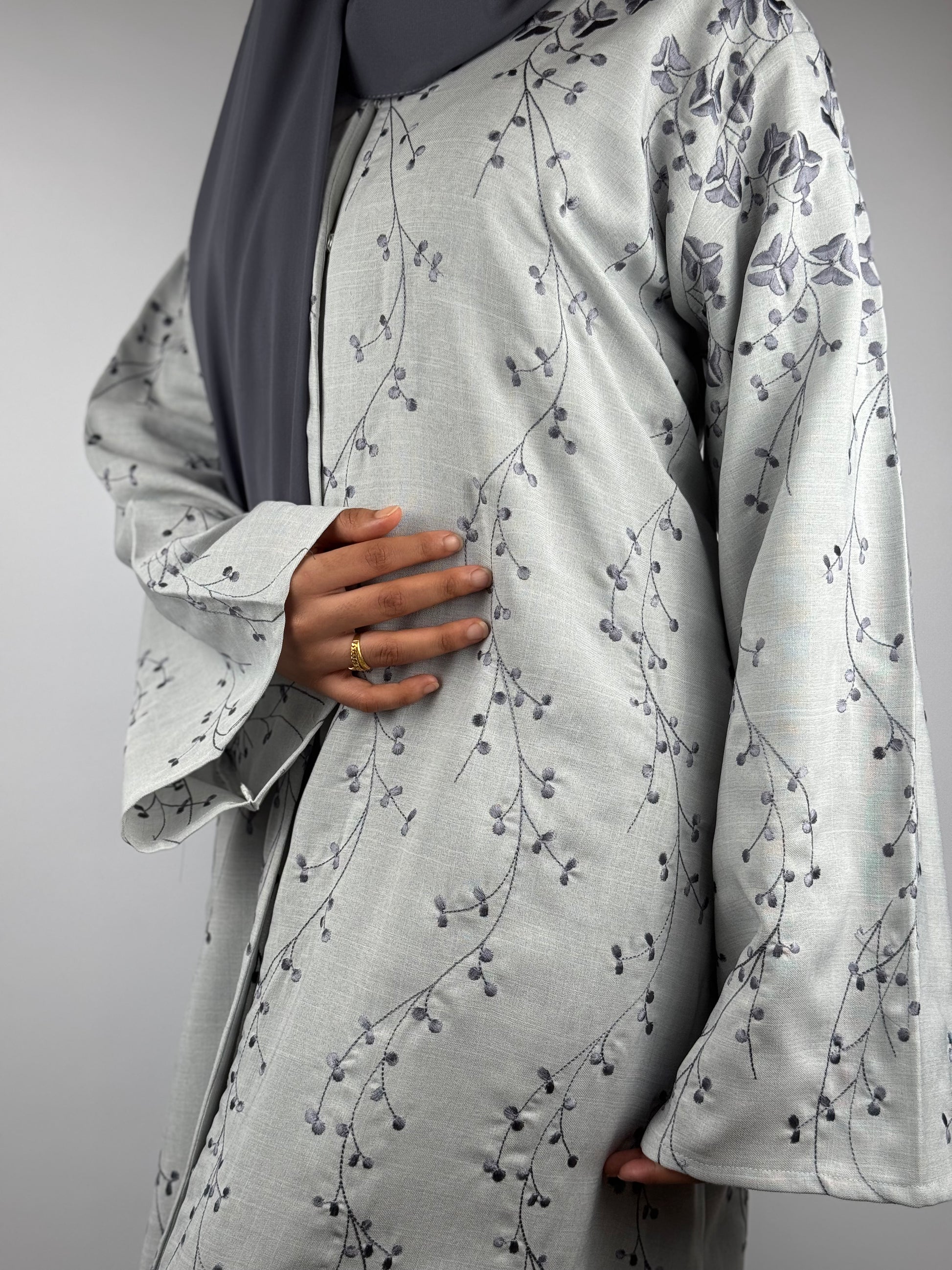 Ivory Mist Abaya with Grey Vine Embroidery