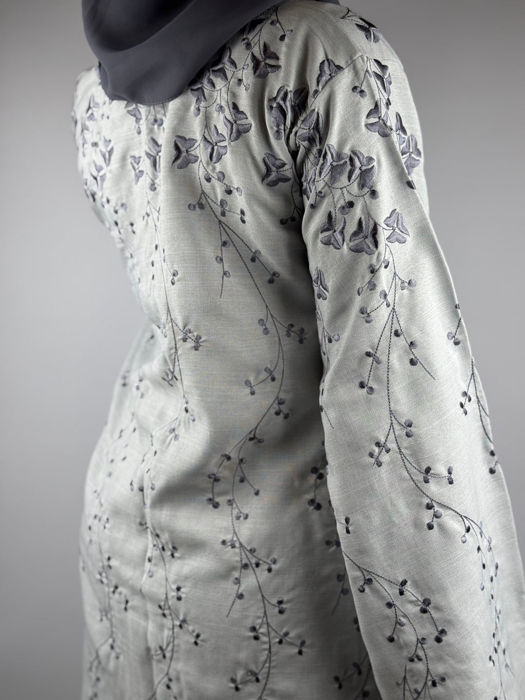 Ivory Mist Abaya with Grey Vine Embroidery