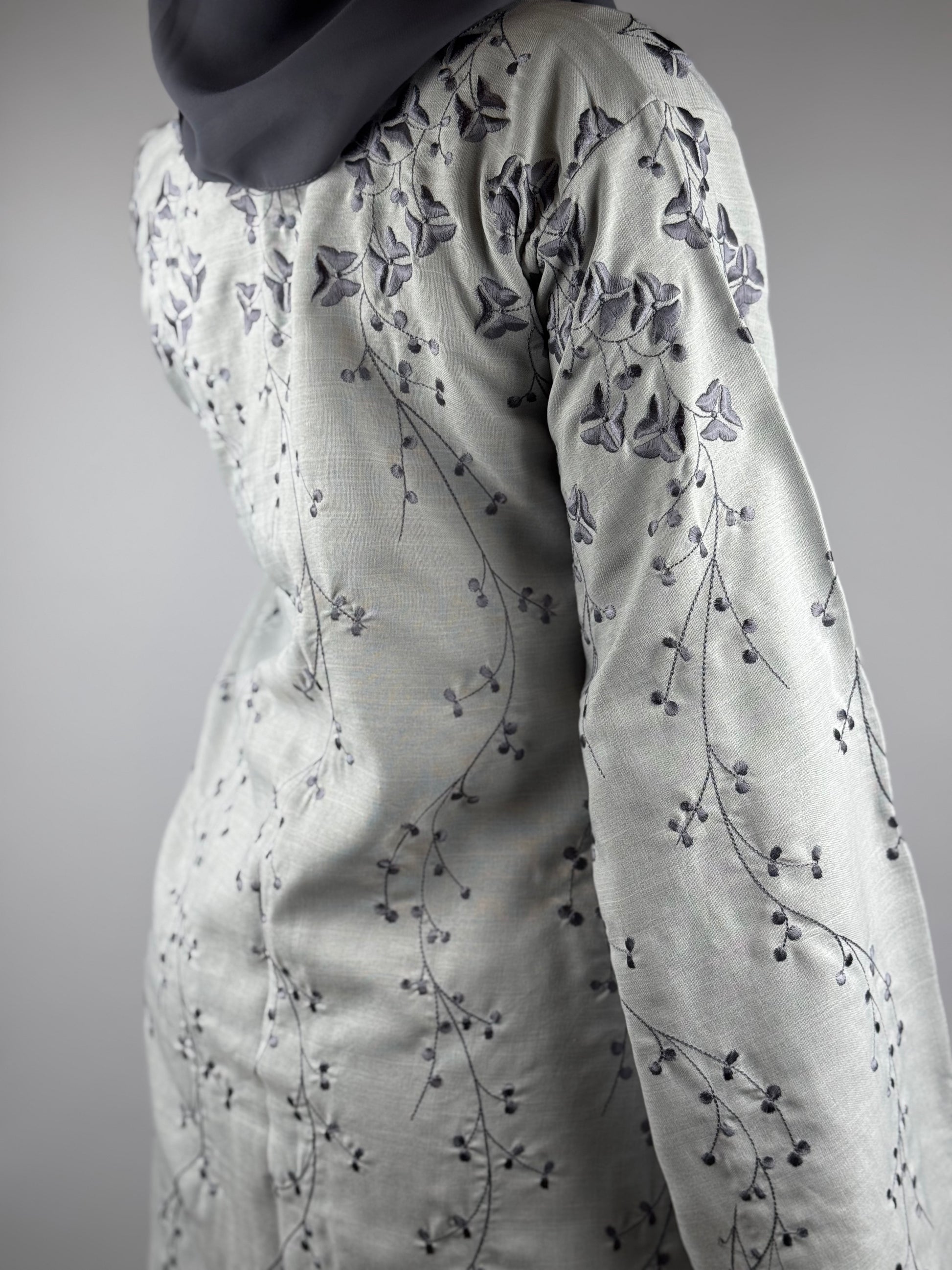 Ivory Mist Abaya with Grey Vine Embroidery