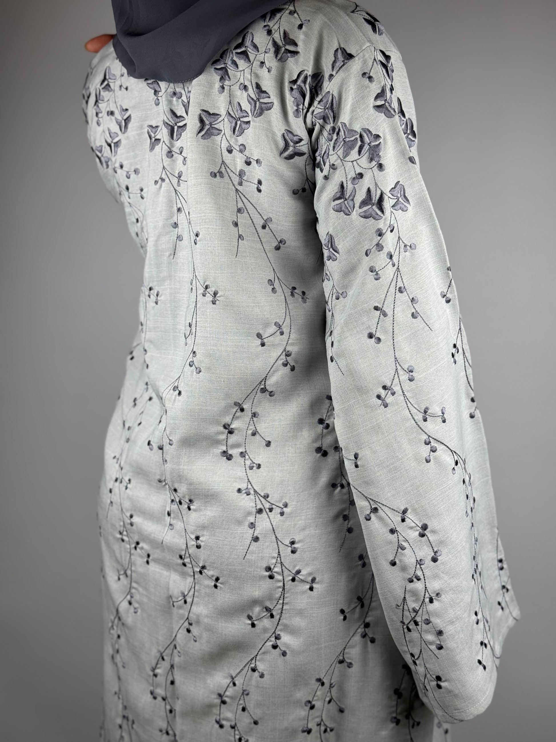 Ivory Mist Abaya with Grey Vine Embroidery