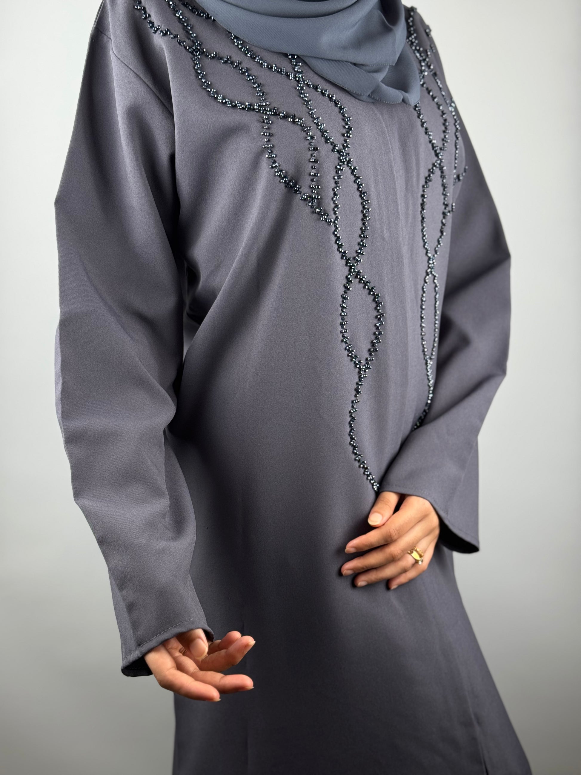 Graphite Spiral Beaded Abaya
