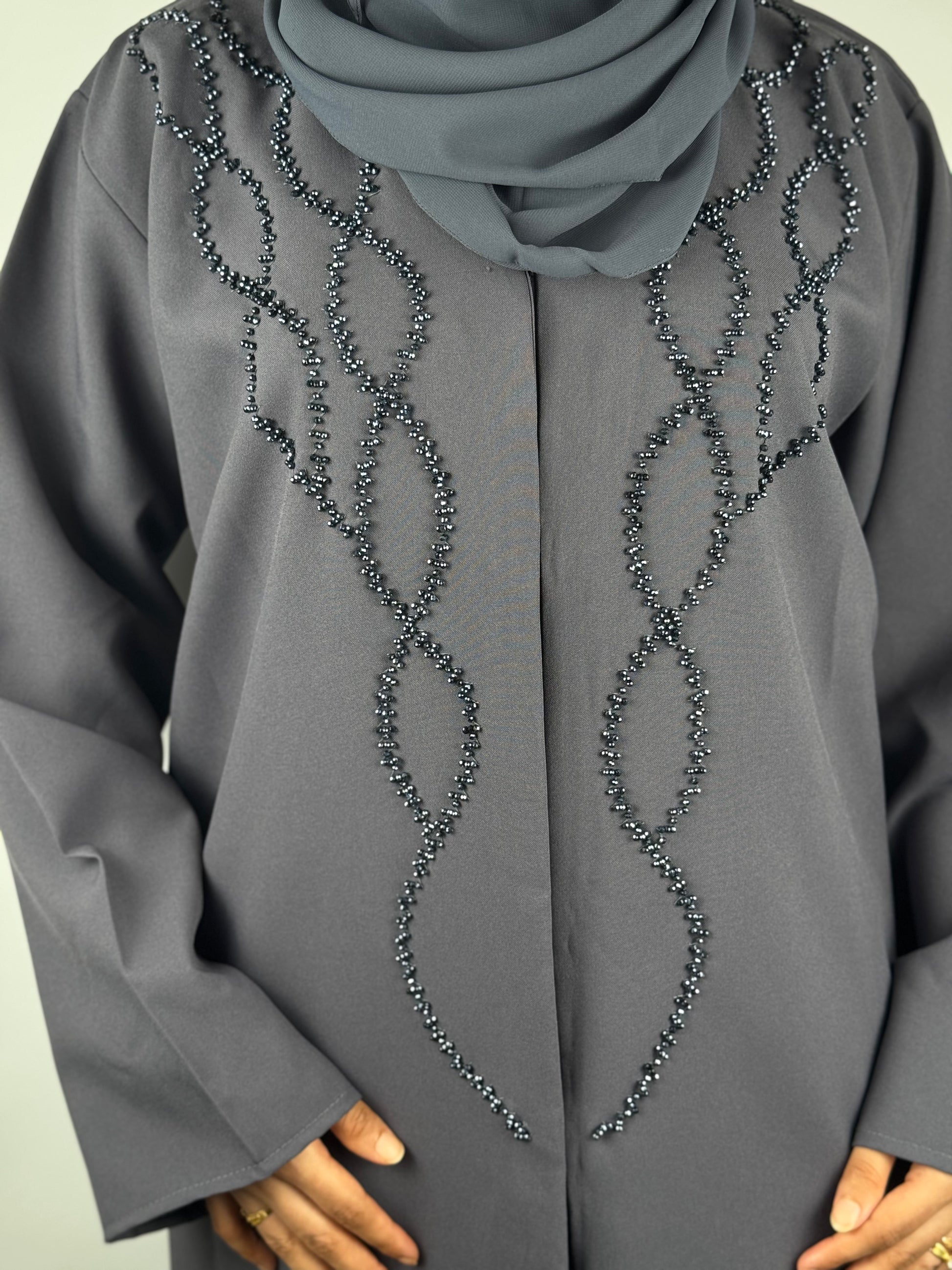 Graphite Spiral Beaded Abaya